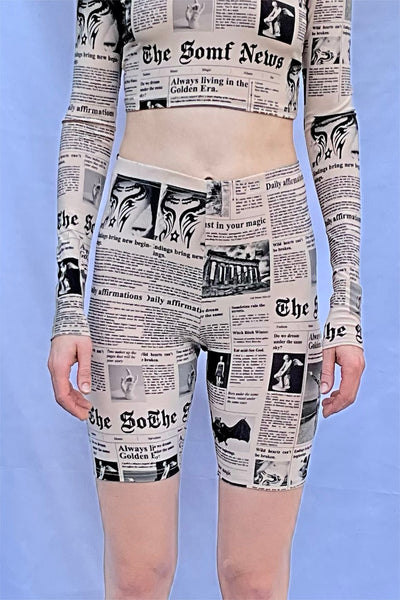 Newsprint biker shorts