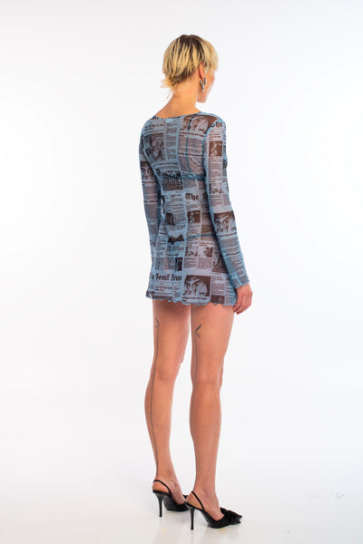 Newsprint mesh mini dress