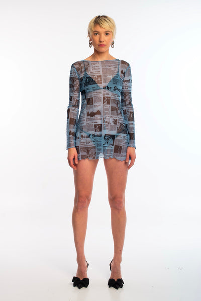 Newsprint mesh mini dress