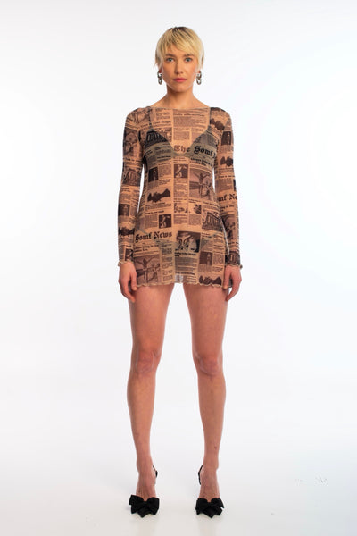 Newsprint mesh mini dress