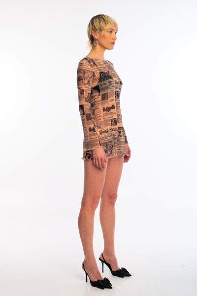 Newsprint mesh mini dress