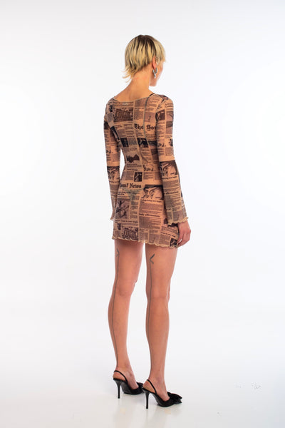 Newsprint mesh mini dress